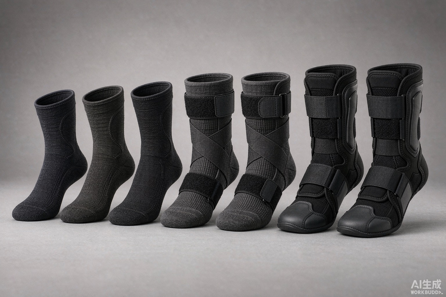 Ankle support gear: knitted sleeves, strap fixed braces and ankle supports