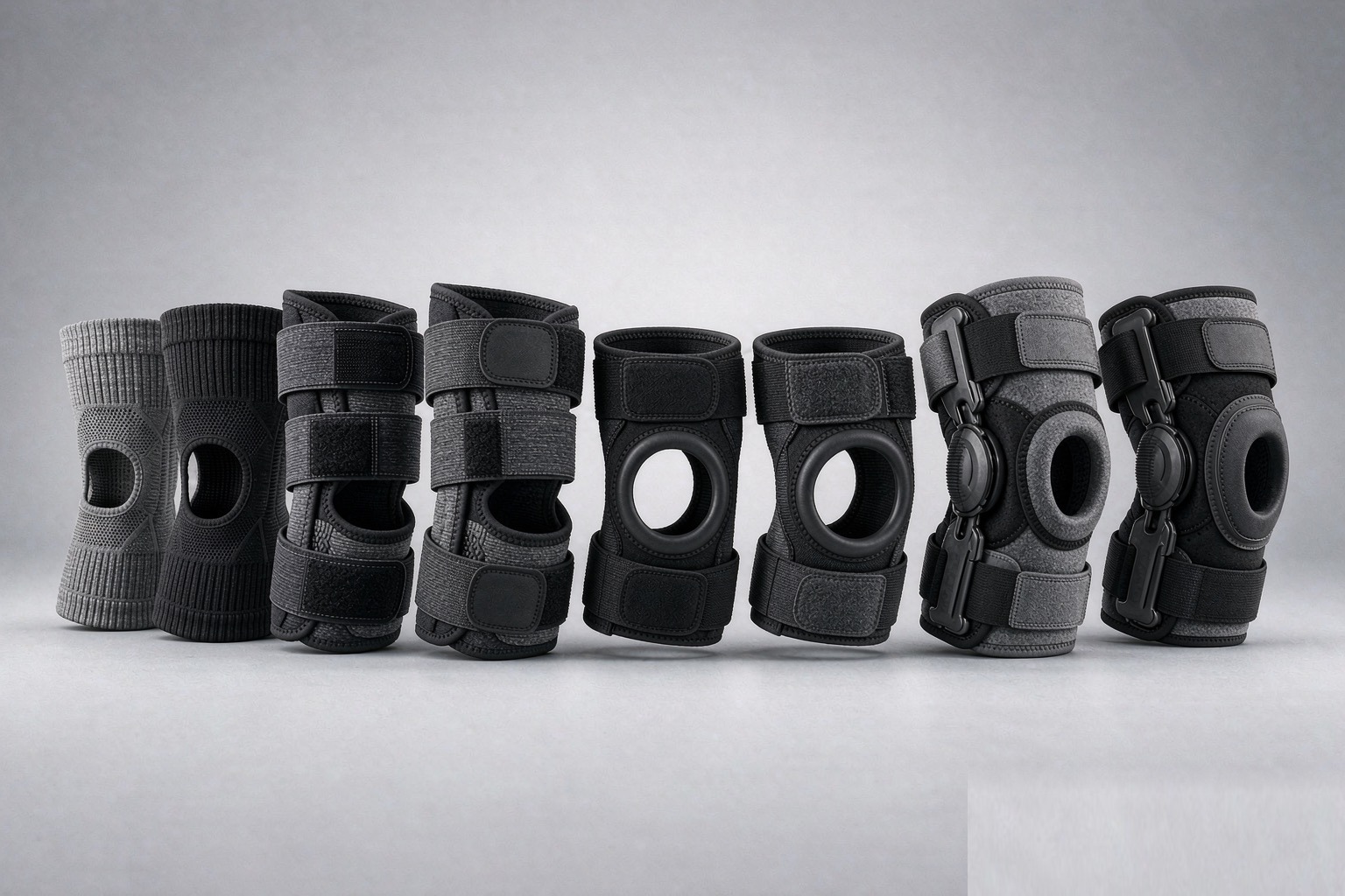 Knee support gear: knitted sleeves, adjustable straps, patellar compression and knee braces
