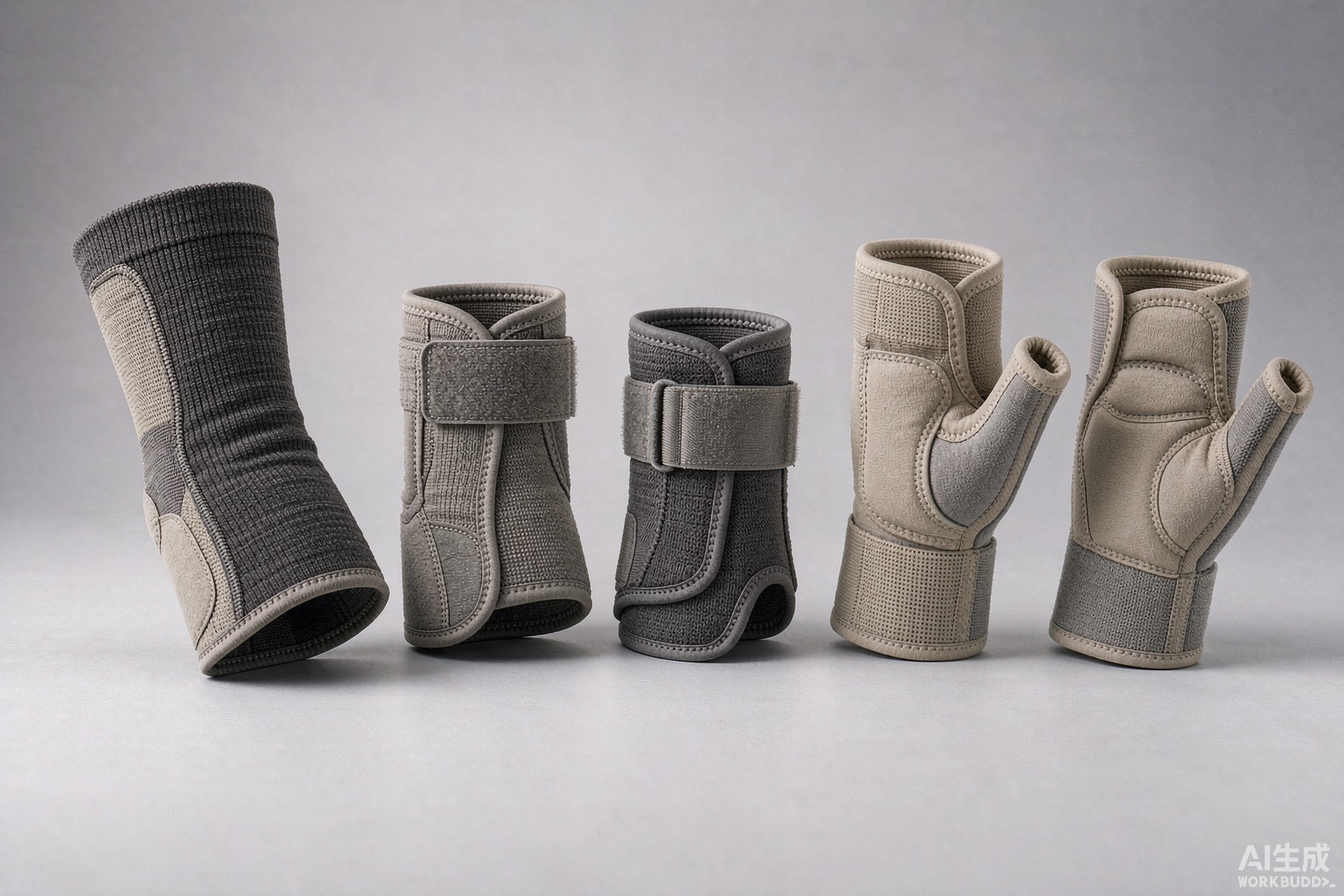 Wrist support gear: knitted sleeves, compression straps and tendon sheath braces